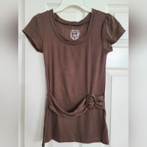 One Step UP Brown Short Sleeve Scoop Neck Top with Waist Buckle